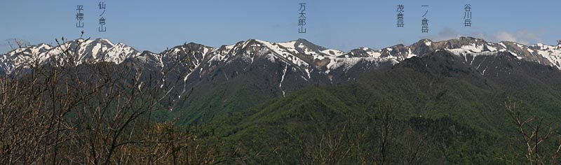 苗場山、たいらっぴょうさん、仙の倉山、万太郎山、一ノ倉岳、谷川岳のパノラマ写真