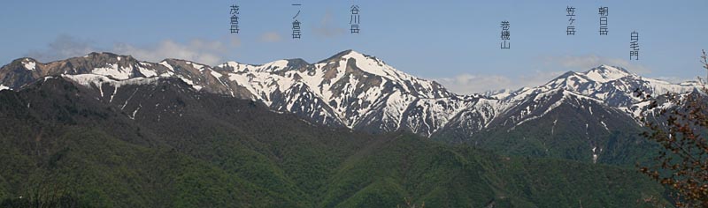 谷川岳、笠ヶ岳、朝日岳のパノラマ写真